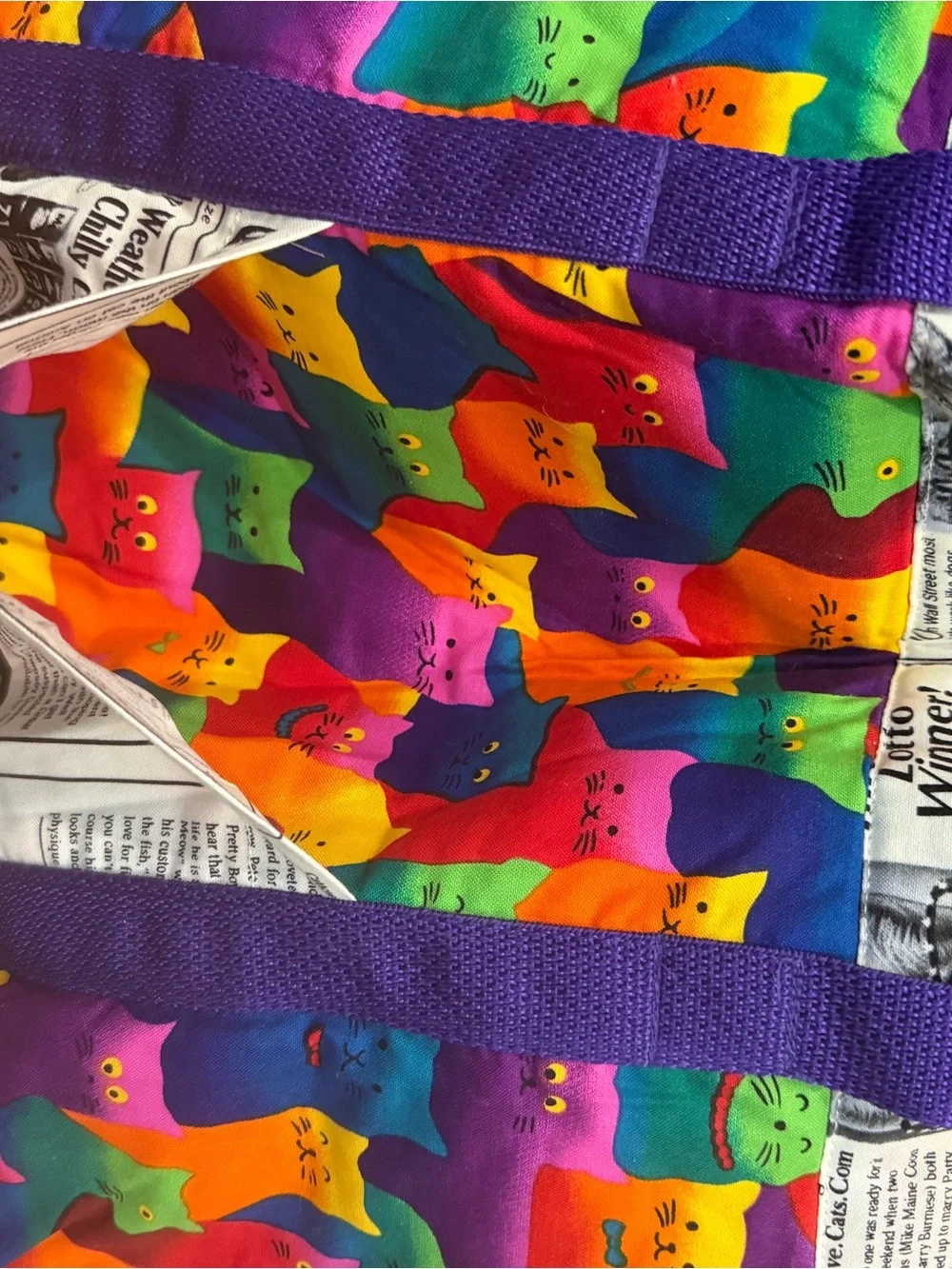 Reversible Cat Pattern Quilted large Tote Bag in Multicolor with Purple Handles